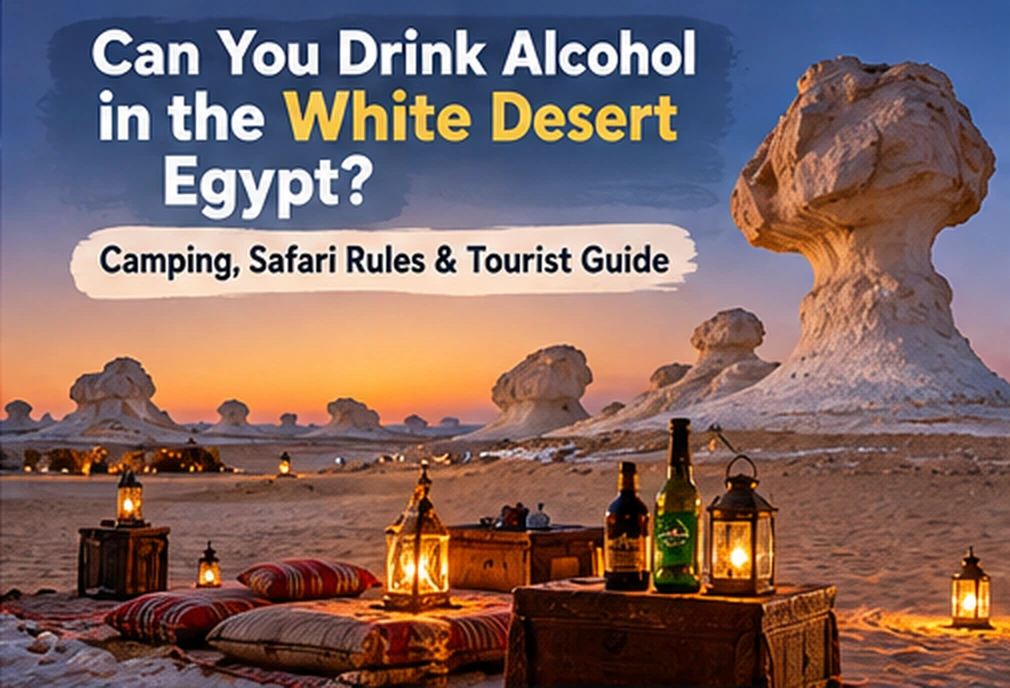 White Desert camp at dusk with lanterns, rugs and drinks beside the famous mushroom rock formation