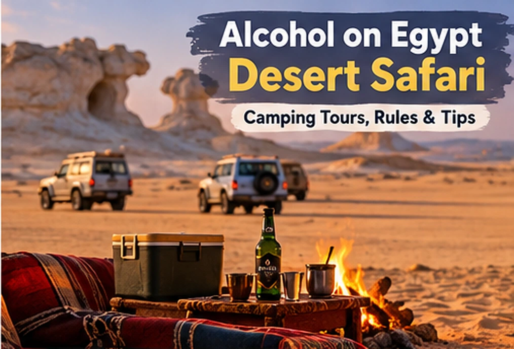 Desert safari camp in Egypt with 4x4 vehicles, campfire, beer bottles and drinks on a cooler at sunset