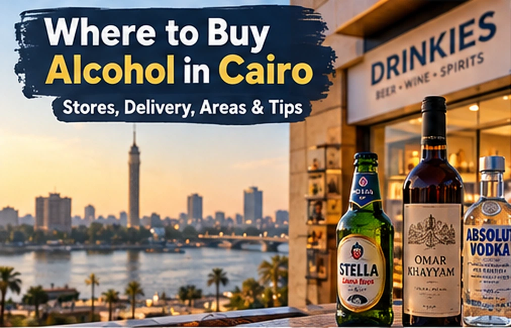 Drinkies liquor store front with beer, wine and vodka bottles and the Cairo Tower skyline