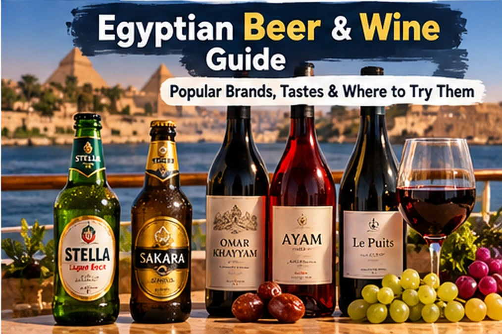 Lineup of Egyptian beer and wine bottles including Stella, Sakara and Omar Khayyam with grapes and glasses