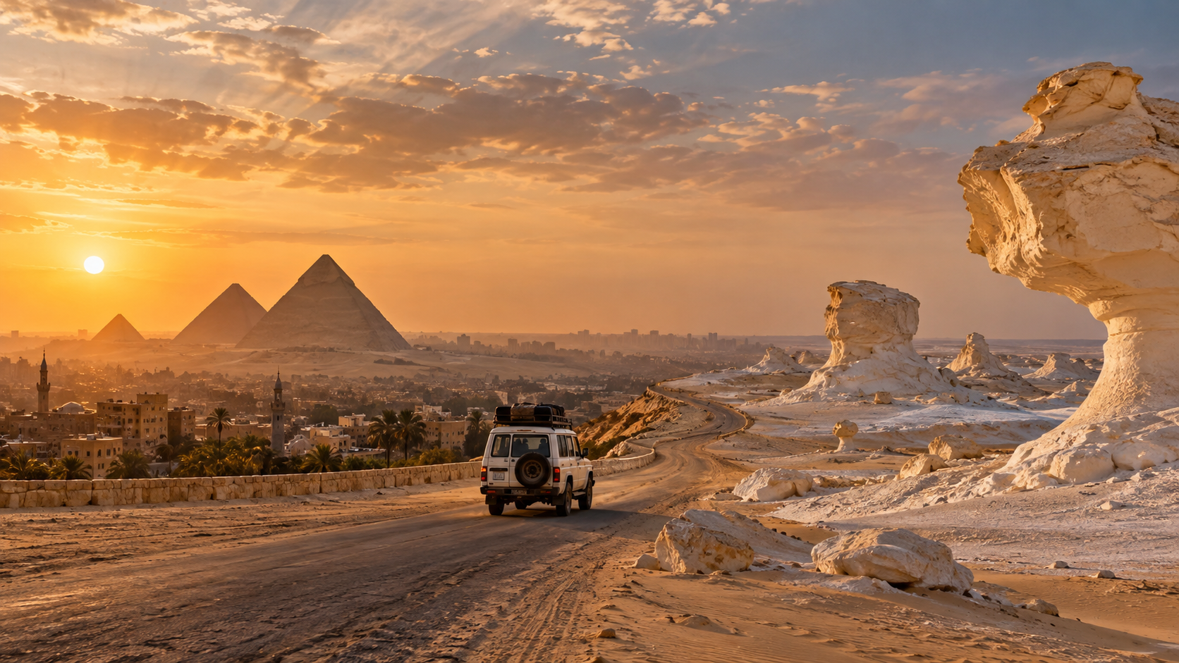 Conceptual travel image combining Cairo's Giza Pyramids with Egypt's White Desert rock formations