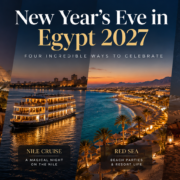 Collage of four New Year’s Eve 2027 celebrations in Egypt: Cairo city lights, a Nile cruise, the pyramids and a White Desert camp