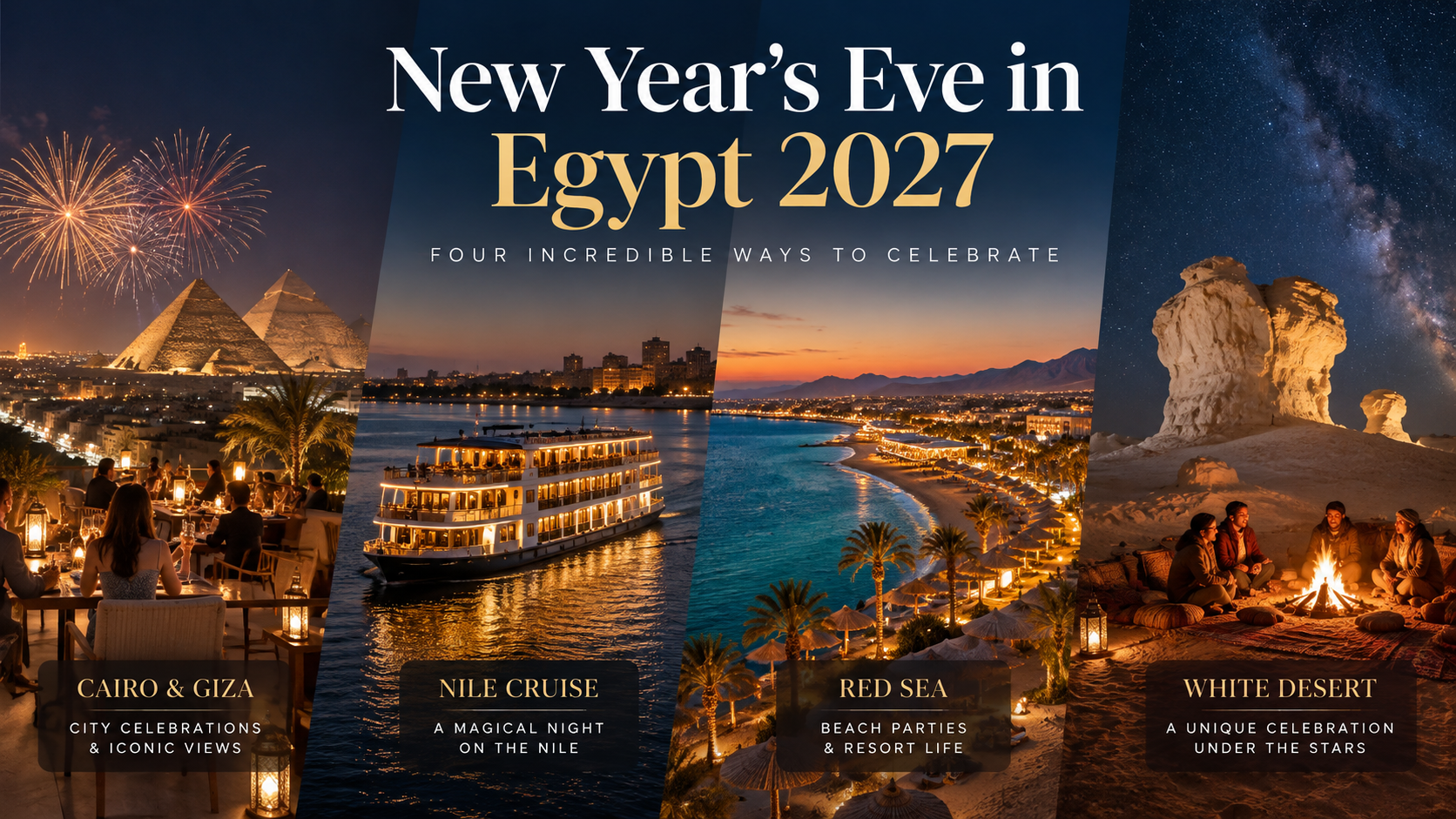 Collage of four New Year’s Eve 2027 celebrations in Egypt: Cairo city lights, a Nile cruise, the pyramids and a White Desert camp