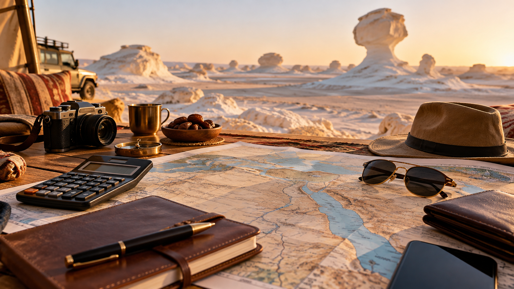 Travel budget planning with calculator, map and camera against White Desert rock formations