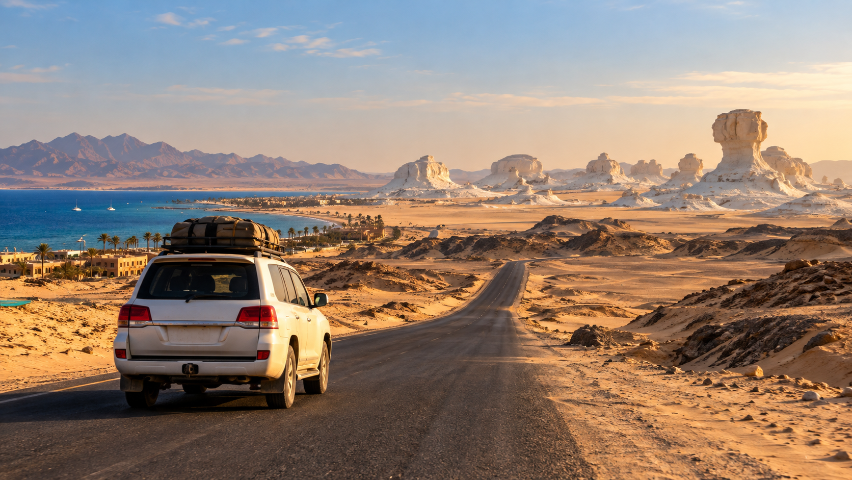 Conceptual travel image of a 4x4 on a desert road linking Hurghada's Red Sea coast with White Desert scenery