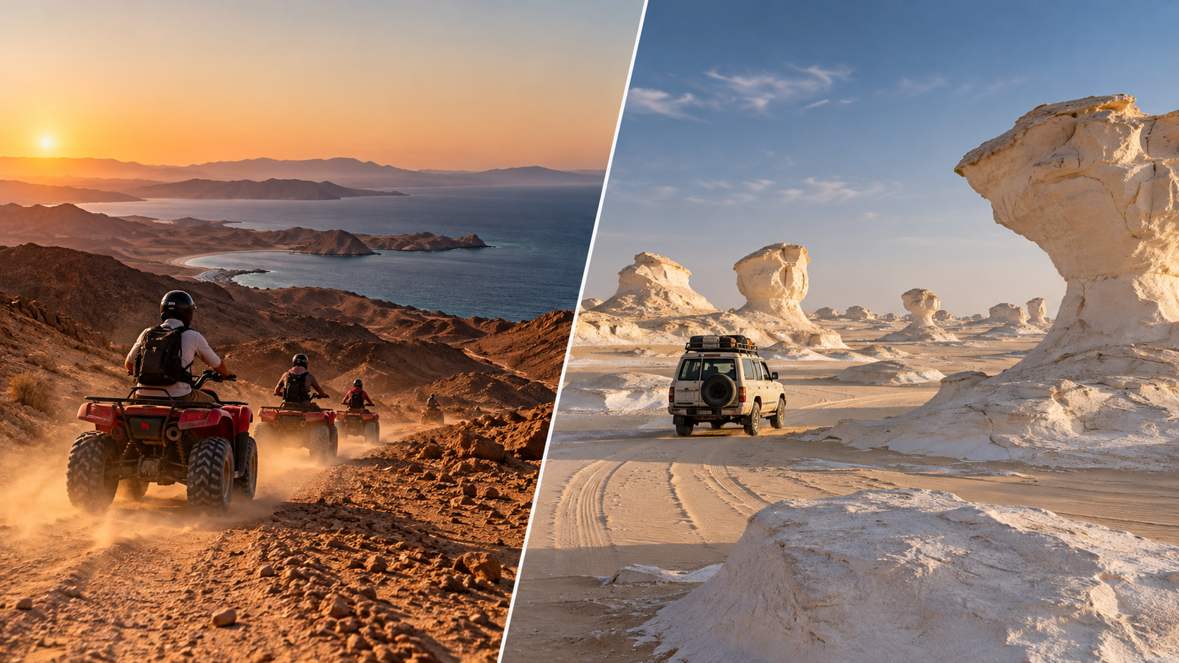 Split comparison of quad biking near Hurghada and a 4x4 safari among White Desert limestone formations