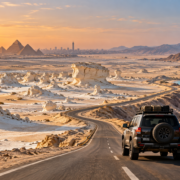Conceptual 4x4 travel route illustration linking Hurghada, White Desert scenery and Cairo's pyramids