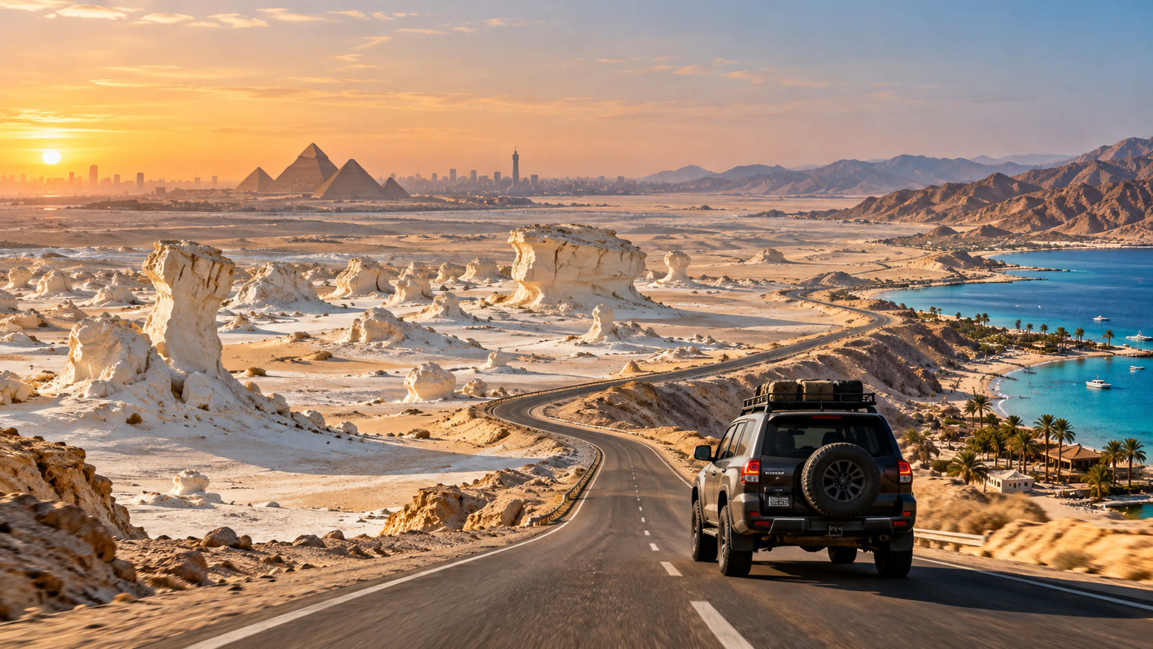 Conceptual 4x4 travel route illustration linking Hurghada, White Desert scenery and Cairo's pyramids