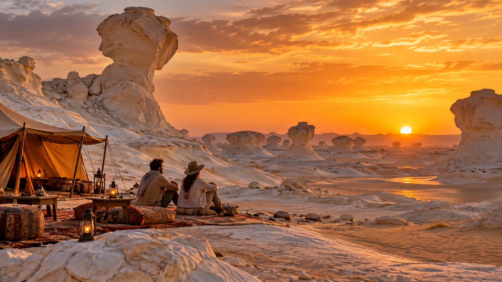 Two travelers watching sunset beside a desert camp and chalk rock formations in Egypt's White Desert