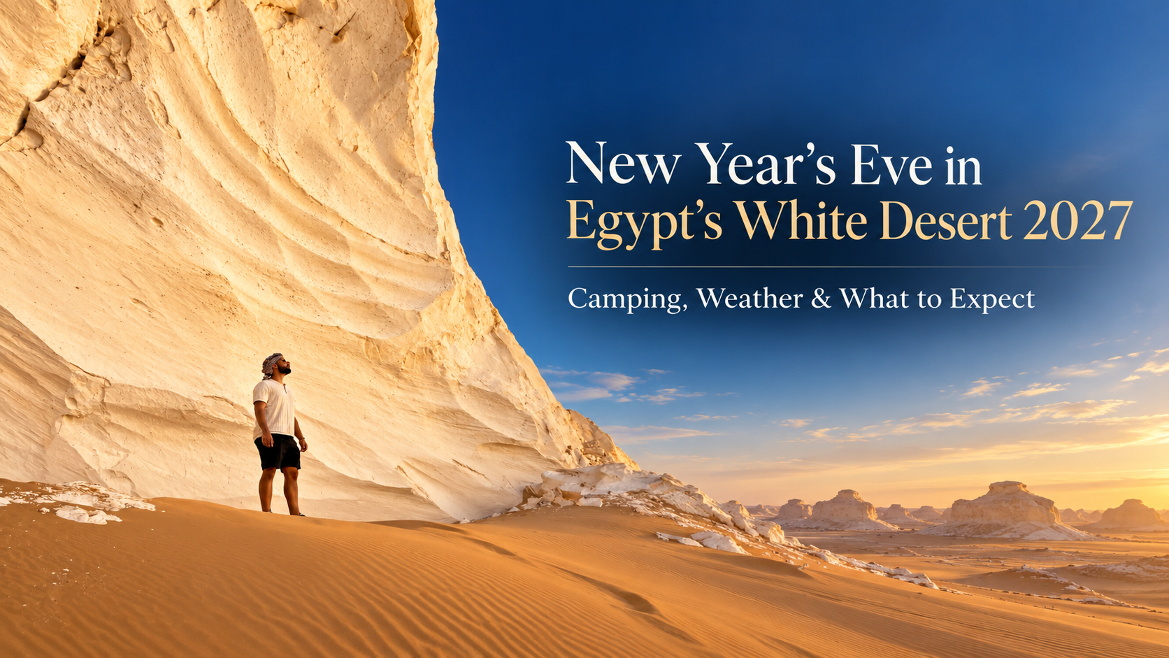 Traveler standing beside a massive white limestone formation in Egypt’s White Desert at sunset, with New Year’s Eve 2027 travel guide title overlay.