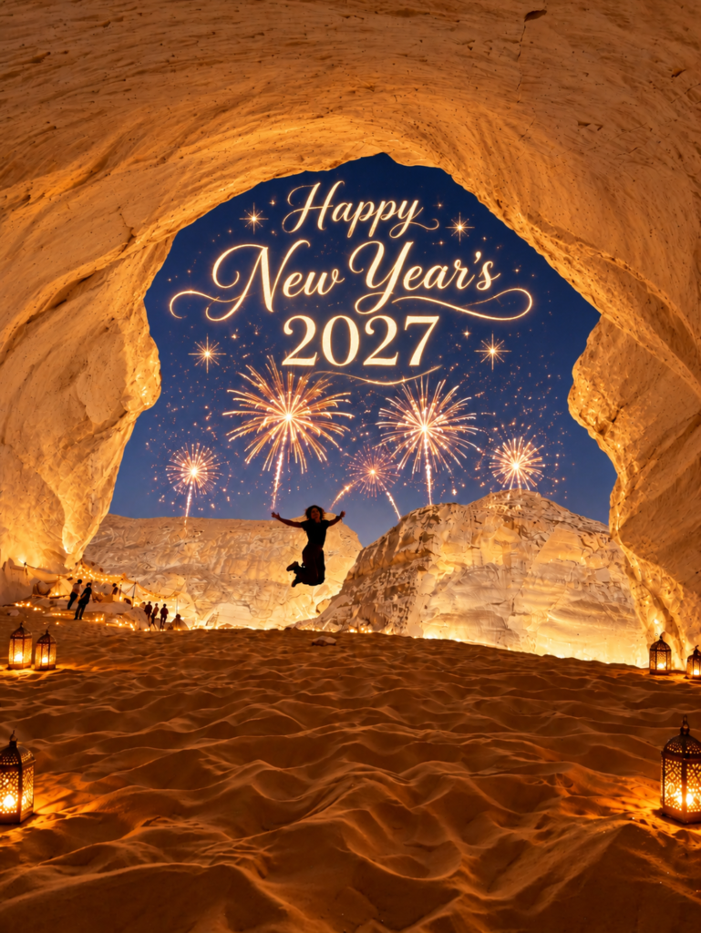 Happy New Year 2027 celebration in Egypt’s White Desert, featuring golden fireworks, illuminated rock formations, and a desert adventure beneath a natural rock arch.