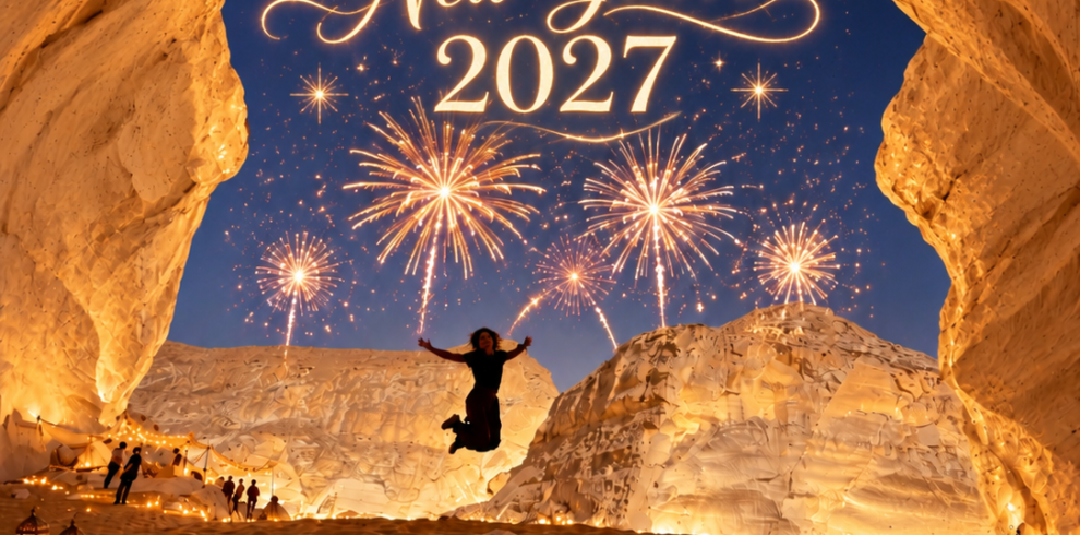 Happy New Year 2027 celebration in Egypt’s White Desert, featuring golden fireworks, illuminated rock formations, and a desert adventure beneath a natural rock arch.