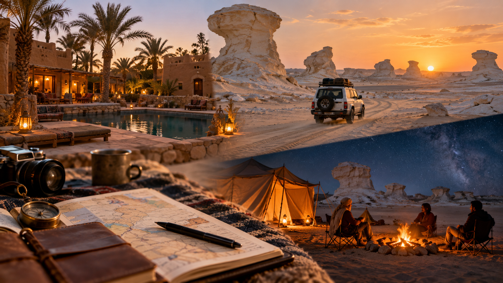 Illustrative montage of an oasis hotel, 4x4 White Desert tour and overnight desert camping